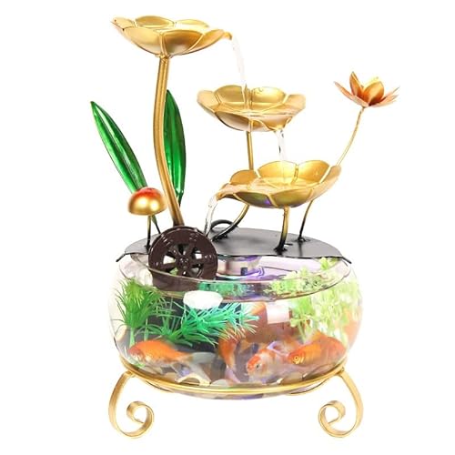 Gold Lotus Wasserbrunnen Fish Tank - Dekoratives Desktop Aquarium mit Wasserfall, LED Ringlicht und Wasserrad Zirkulation von Generic