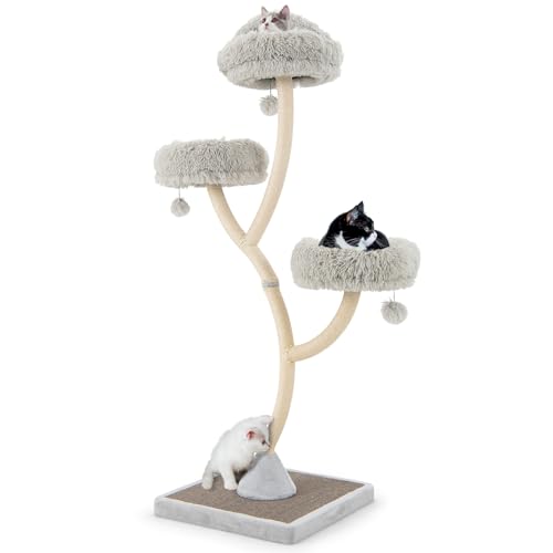 HOMGX Moderner Katzenbaum, Robustes Katzen-Aktivitätszentrum mit Plüsch gepolsterter Sitzstange, Stabiler Metallrahmen, Sisal-Kratzbäume und -Brett, baumelnde Bälle, 177,8 cm, mehrstöckige hohe von Generic