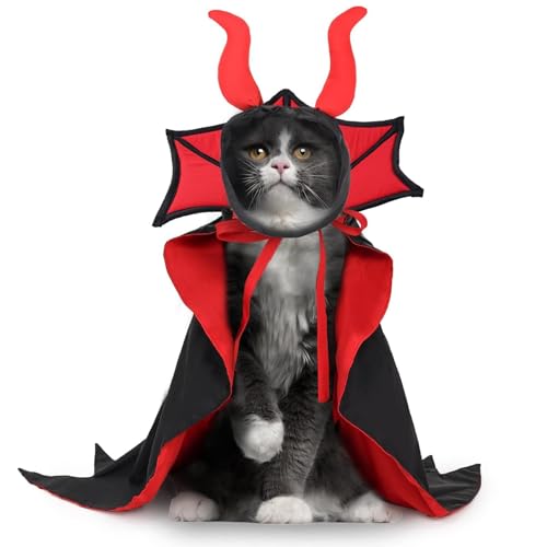Halloween Haustier Cape Kostüm Katzenmantel Kostüm mit Hörnern Hut Lustiges Hunde Cosplay Kleid Mantel Bekleidung für kleine mittelgroße Hunde Katzen Welpen Gzm375 (Black, 22x20x10.5) von Generic