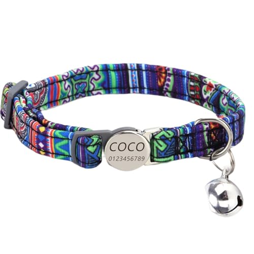 Katzenhalsband Haustierhalsband mit Gravur, personalisiertes Katzen- und Hundehalsband mit Sicherheitsverschluss, Halsbänder mit Glöckchen für Katzenjungen mädchen (Blauer ethnischer Stil) von Generic