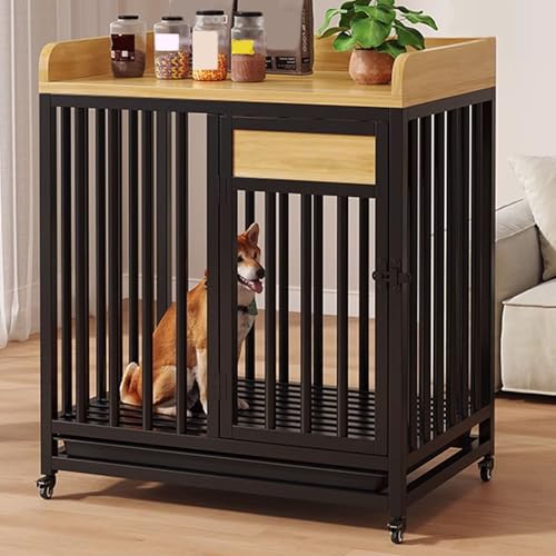 Hochbelastbarer Hundekäfig for Zuhause Stahlrahmen Und Holz Feststellbare Rollen Und Ablage Hundeschrank Automatische Verriegelung for Große Und Mittlere Hunde(Black,80 * 60 * 85cm) von Generic