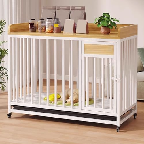 Hochbelastbarer Hundekäfig for Zuhause Stahlrahmen Und Holz Feststellbare Rollen Und Ablage Hundeschrank Automatische Verriegelung for Große Und Mittlere Hunde(White,114 * 80 * 95cm) von Generic