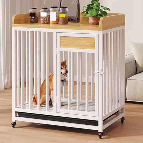 Hochbelastbarer Hundekäfig for Zuhause Stahlrahmen Und Holz Feststellbare Rollen Und Ablage Hundeschrank Automatische Verriegelung for Große Und Mittlere Hunde(White,90 * 60 * 85cm) von Generic