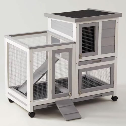 Hühnerauslauf Mit Dach Sonnen- und Regenfest Massivholz Entenstall Mit Treppe, Ausziehbarem Tablett und Rädern Gehege for Kleintiere Draussen Mehrtür-Design von Generic