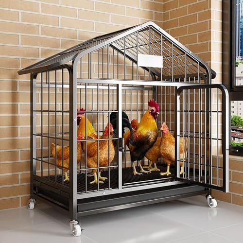 Hühnerstall mit Auslauf für 4 Hühner aus Verdicktem Vierkantrohr mit Schloss und Rädern Drinnen Oder Draußen Vogelkäfig Kleintiere(Color:Black,Size:70 * 52 * 78cm) von Generic