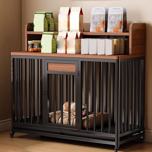 Hunde Box Hundebox for Zuhause Hundekäfig Möbel Mit Lagerregal Stahlrahmen Lenkrollen Mit Bremse und Ablage for Große und Mittlere Hunde 3 Größen(Black Dark Walnut,110 * 60 * 101cm) von Generic
