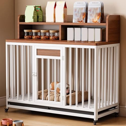 Hunde Box Hundebox for Zuhause Hundekäfig Möbel Mit Lagerregal Stahlrahmen Lenkrollen Mit Bremse und Ablage for Große und Mittlere Hunde 3 Größen(White Dark Walnut,110 * 60 * 101cm) von Generic
