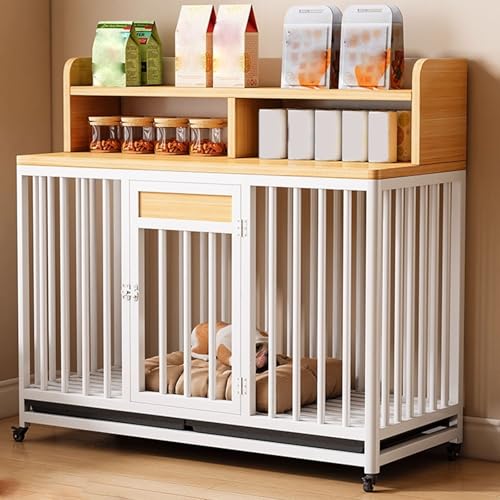 Hunde Box Hundebox for Zuhause Hundekäfig Möbel Mit Lagerregal Stahlrahmen Lenkrollen Mit Bremse und Ablage for Große und Mittlere Hunde 3 Größen(White Light Walnut,80 * 60 * 101cm) von Generic