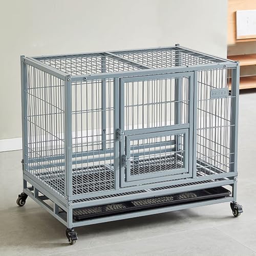 Hunde Box Hundekäfig Hochbelastbar Faltbare Mobile Hundebox Verzinktes Rohr 2 Türen Feststellbare Räder Herausnehmbares Tablett Interaktives Dachfenster(Gray,95 * 62 * 83cm) von Generic