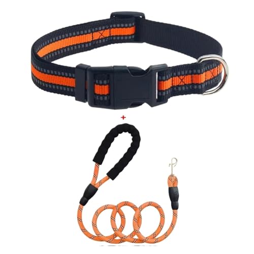 Hundehalsband aus Nylon, Hundehalsband, wasserdicht, reflektierend, verstellbar, Kette (Orange + 1,5 m Rundrope, S) von Generic