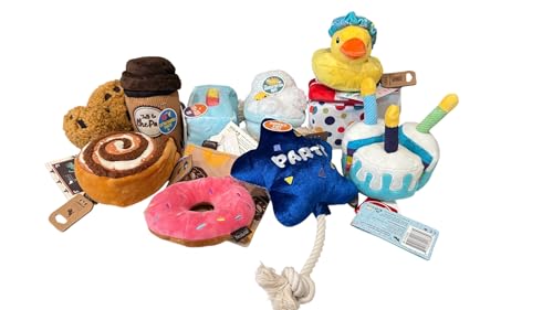 Hundespielzeug, verschiedene Packungen, Plüsch, quietschend, Geburtstagskuchen, Kaffeetasse, Kekse, Ente, Seil-Kauspielzeug, interaktives Haustier-Spielset (8 Stück, I Want it All) von Generic