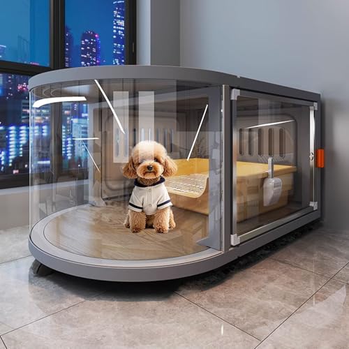 Hundetransportbox Hundebox Schrank Transparentes Design Harz und Massivholz Extragroßes Haustierhaus Obere Ablage Lenkrollen for Kleine und Mittelgroße Hunde(Gray) von Generic