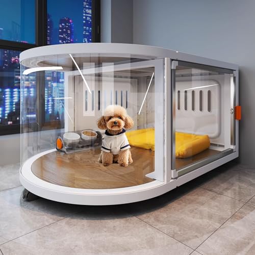 Hundetransportbox Hundebox Schrank Transparentes Design Harz und Massivholz Extragroßes Haustierhaus Obere Ablage Lenkrollen for Kleine und Mittelgroße Hunde(White) von Generic