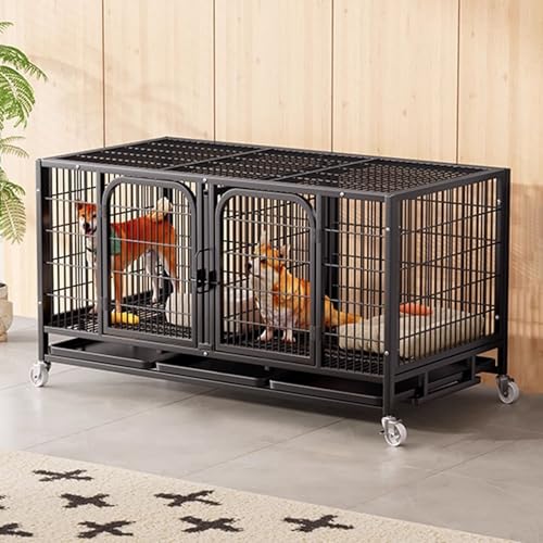 Hundetransportbox Hundekäfig Möbel Karbonstahl Stapelbar Hochbelastbar Hundehaus for Zuhause 2 Türen Mit Rollen und Tablett Leicht Zu Reinigen(Black,138 * 52 * 67cm) von Generic