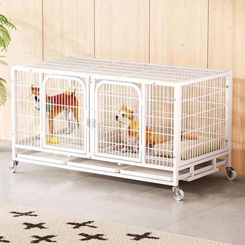 Hundetransportbox Hundekäfig Möbel Karbonstahl Stapelbar Hochbelastbar Hundehaus for Zuhause 2 Türen Mit Rollen und Tablett Leicht Zu Reinigen(White,102 * 60 * 67cm) von Generic