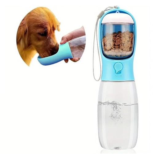 Hundetrinkflasche 300ml /550ml 2 in 1 Hundefutter Napf auslaufsicher EIN-Knopf-Bedienung Wasser lebensmittelecht BPA-frei & Tragegurt für Wandern Spaziergang Camping(Blue,550ml) von Generic
