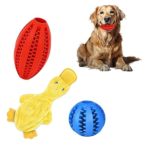 Interaktives Hundespielzeug-Set – Rugby-Ball, runder Ball und Füllente – langlebiges und lustiges Spielzeug für kleine, mittelgroße und große Hunde von Generic