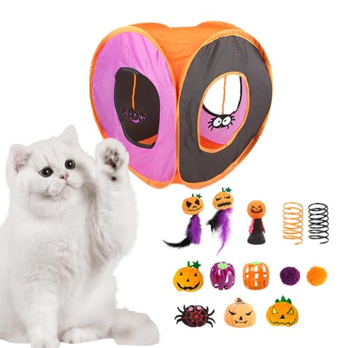Interaktives Katzenspielzeug – Interaktives Haustier-Spielspielzeug, Halloween-Katzentunnel-Spielzeugset | Halloween-Katzen-Federstab, Ball, Frühlingsmäusespielzeug, Zusammenklappbares Quadratisches K von Generic