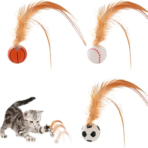 Katzenballspielzeug - Feder Rolling Cat Toys Set für Innenkatzen | 3pcs interaktive neckende Bälle für Kätzchen | Engagiertes Haustier -Aktivitätsspielzeug für Heimspielbereich, Terrasse, Garten, Wohn von Generic