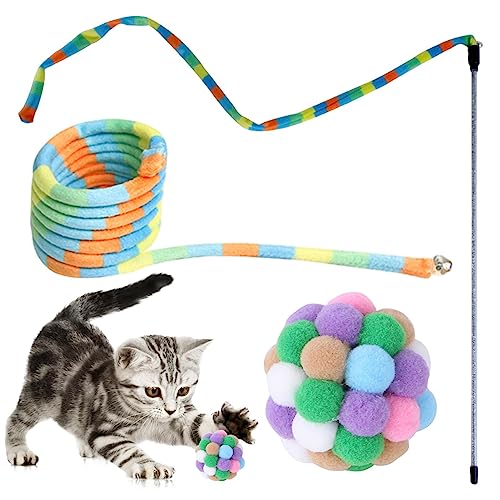 Katzenbandspielzeug,Regenbogenband Charmer Kit Katzen Teaser Zauberstab - Interaktives Schnurspielzeug mit Ball, sicher und farbenfroh für Katzen und Kätzchen im Innenbereich von Generic