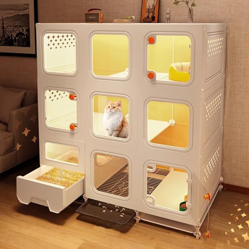 Katzengehege Für Drinnen Katzenhaus Mit Katzenklo & Tablett Katzenkäfig Mit Transparenten Fenstern Und Knopfschlössern，PP-Harz(105 * 45 * 113cm) von Generic
