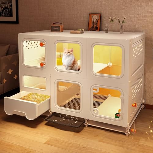 Katzengehege Für Drinnen Katzenhaus Mit Katzenklo & Tablett Katzenkäfig Mit Transparenten Fenstern Und Knopfschlössern，PP-Harz(105 * 45 * 78cm) von Generic