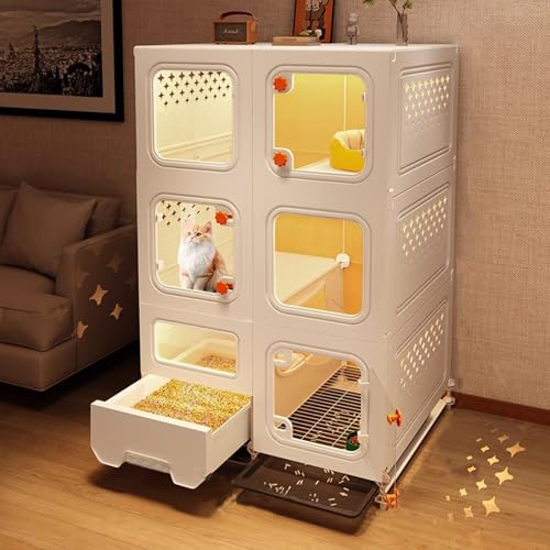 Katzengehege Für Drinnen Katzenhaus Mit Katzenklo & Tablett Katzenkäfig Mit Transparenten Fenstern Und Knopfschlössern，PP-Harz(70 * 45 * 113cm) von Generic