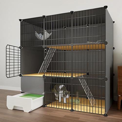 Katzengehege Indoor mit Dach xxl Kleintierkäfig Metall Katzenkäfig für Zuhause mit Katzentoilette, Zusammenklappbarer Haustierkäfig für Katzen (schwarz/weiß) ( Color : Black , Size : 111*49*111cm(2) ) von Generic