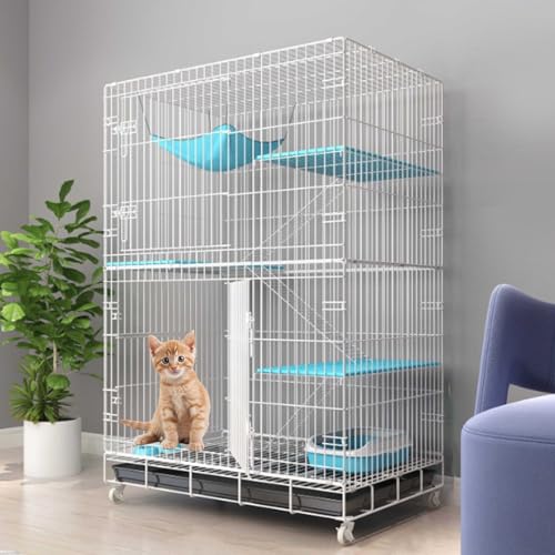 Katzengehege Outdoor, Faltbarer Katzenkäfig, 3-stöckiger Katzenzwinger Aus Metall Mit Rotierenden Rollen, Katzenhaus Aus Metalldraht Mit Katzentoilette, Katzenbett, Schüssel, Treppe, Hängematte von Generic