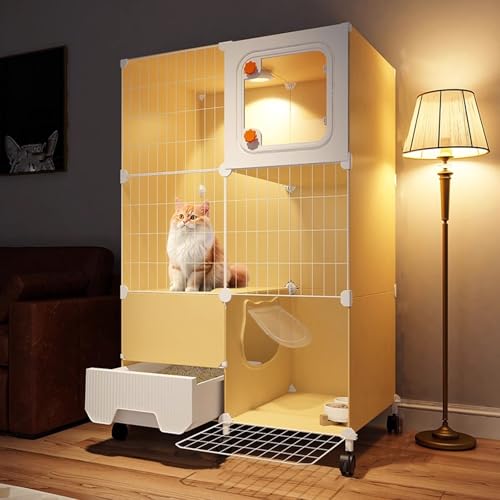 Katzengehege Outdoor Winterfest XXL mit Rädern, Katzenhaus Indoor 2 Etagen mit Katzentoilette, Leicht Zu Reinigen und Zu Montieren, Katzenkäfig mit Tür(70 * 35 * 113cm) von Generic