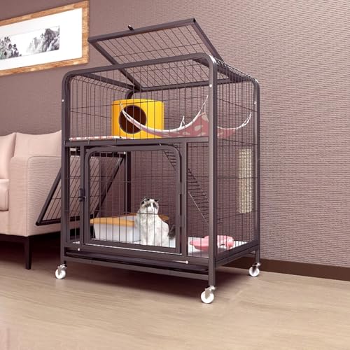 Katzengehege Outdoor mit Dach Leicht Bewegen, Katzenhaus Indoor 2 Etagen aus Metall for Den Außenbereich, Katzengehege mit Rampenleitern und Hängematte 3 Größen(Black,78 * 54 * 100cm) von Generic