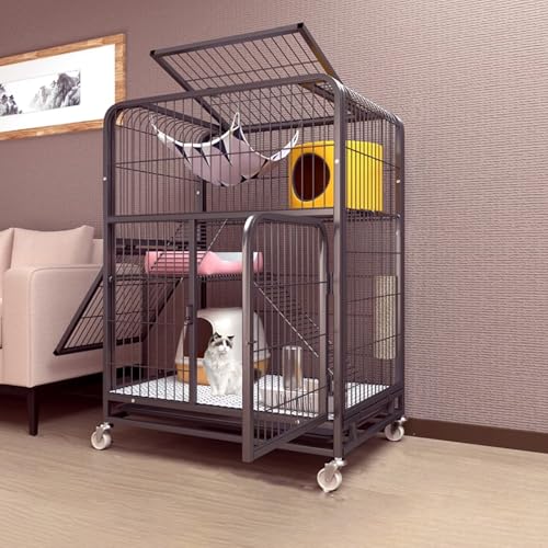Katzengehege Outdoor mit Dach Leicht Bewegen, Katzenhaus Indoor 2 Etagen aus Metall for Den Außenbereich, Katzengehege mit Rampenleitern und Hängematte 3 Größen(Black,78 * 54 * 108cm) von Generic