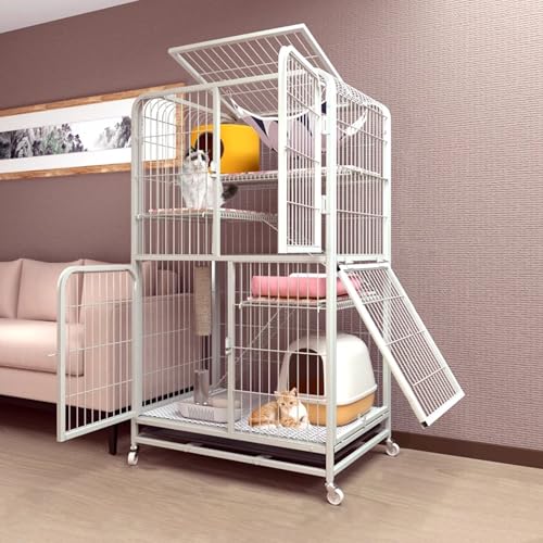 Katzengehege Outdoor mit Dach Leicht Bewegen, Katzenhaus Indoor 2 Etagen aus Metall for Den Außenbereich, Katzengehege mit Rampenleitern und Hängematte 3 Größen(White,78 * 54 * 138cm) von Generic