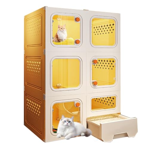 Katzengehege für Drinnen mit Katzentoilette Katzenkäfig mit Transparenten Fenstern und Großem Platz Katzenlaufstall für Frettchen Chinchillas und Kaninchen(Yellow,L) von Generic