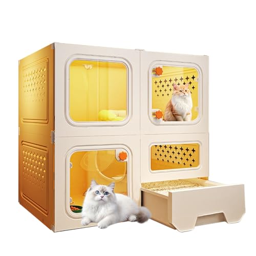 Katzengehege für Drinnen mit Katzentoilette Katzenkäfig mit Transparenten Fenstern und Großem Platz Katzenlaufstall für Frettchen Chinchillas und Kaninchen(Yellow,Medium) von Generic