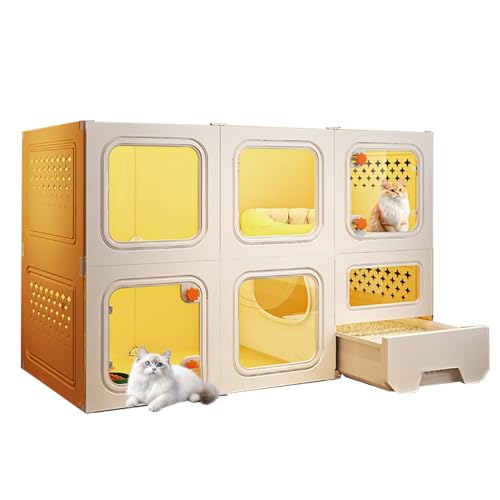 Katzengehege für Drinnen mit Katzentoilette Katzenkäfig mit Transparenten Fenstern und Großem Platz Katzenlaufstall für Frettchen Chinchillas und Kaninchen(Yellow,X-Large) von Generic