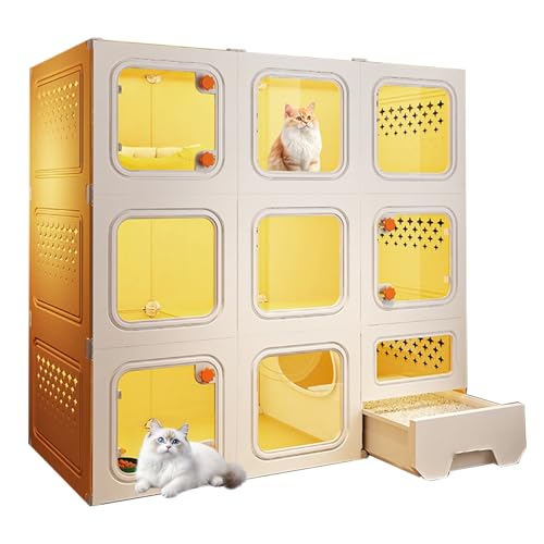 Katzengehege für Drinnen mit Katzentoilette Katzenkäfig mit Transparenten Fenstern und Großem Platz Katzenlaufstall für Frettchen Chinchillas und Kaninchen(Yellow,XX-Large) von Generic