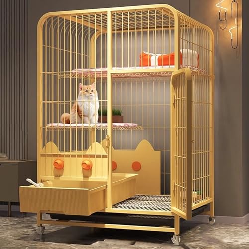 Katzenhaus Indoor Großer Katzenkäfig Metallmaterial mit Herausziehbarer Katzentoilette mit Herausnehmbarer Kunststoffwanne Tierkäfig für 1-3 Katzen Kaninchen(Yellow,78 * 55 * 108cm) von Generic