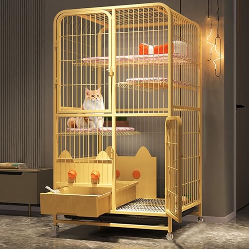 Katzenhaus Indoor Großer Katzenkäfig Metallmaterial mit Herausziehbarer Katzentoilette mit Herausnehmbarer Kunststoffwanne Tierkäfig für 1-3 Katzen Kaninchen(Yellow,78 * 55 * 133cm) von Generic