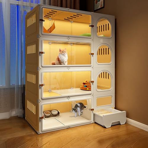Katzenhaus Indoor Katzengehege mit Katzentoilette Katzenkäfig mit Transparenten Fenstern und Knopfschlössern für Frettchen Chinchillas und Kaninchen(Yellow,105 * 45 * 140cm) von Generic