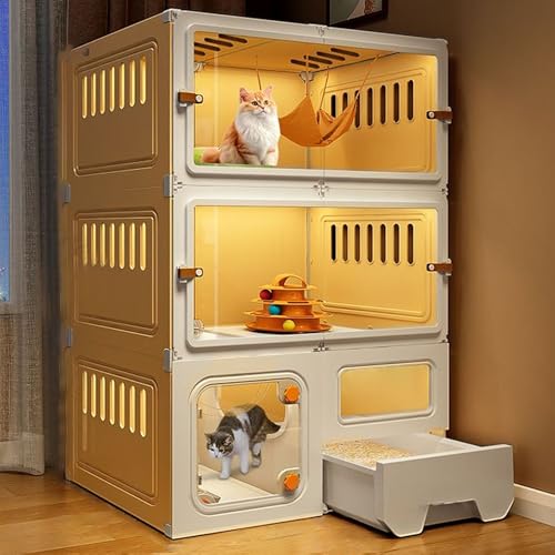 Katzenhaus Indoor Katzengehege mit Katzentoilette Katzenkäfig mit Transparenten Fenstern und Knopfschlössern für Frettchen Chinchillas und Kaninchen(Yellow,70 * 45 * 105cm) von Generic