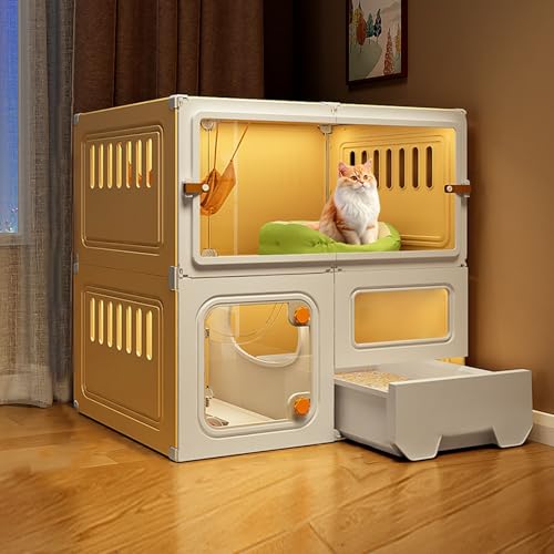 Katzenhaus Indoor Katzengehege mit Katzentoilette Katzenkäfig mit Transparenten Fenstern und Knopfschlössern für Frettchen Chinchillas und Kaninchen(Yellow,70 * 45 * 70cm) von Generic