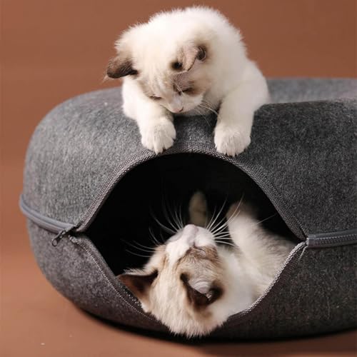 Katzenhöhle, Katzenbett flauschig, Katzen Donut Tunnel, Katzentunnel aus Filz, Katzenkörbchen als Schlafplatz, Rascheltunnel Für Katzen, Kuschelbett & große Kuschelhöhle 60x60x27cm (Grau) von Generic