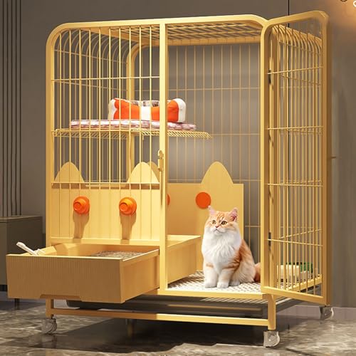 Katzenhaus Indoor Großer Katzenkäfig Metallmaterial mit Herausziehbarer Katzentoilette mit Herausnehmbarer Kunststoffwanne Tierkäfig für 1-3 Katzen Kaninchen(Yellow,78 * 55 * 100cm) von Generic