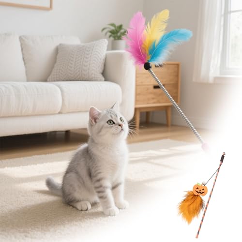 Katzenspielzeug Halloween - Kürbis Geist Interaktives Federstab Katzenangel Ersatzfedern für Kätzchen oder Katze Indoor Katzenschnu federspielzeug für Katzen (B) von Generic