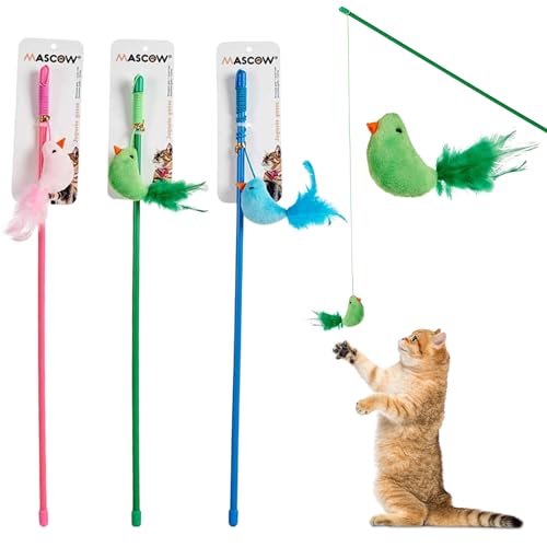 Katzenspielzeug 3-er Set mit Vogel - Stick für stundenlangen Spaß! Katzenangel mit Federn - Stabiles Federspielzeug, das die Sinne weckt und die Katzenintelligenz fördert - Reißfest und langlebig von Generic