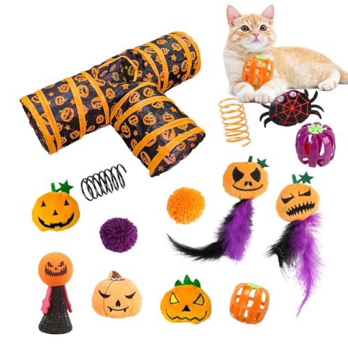 Katzenspielzeug für Halloween, Katzentunnel-Set, 3-Wege-Katzentunnelspielzeug, Halloween-Katzentunnelspielzeug, faltbarer Katzentunnel, Federstab, Mäuse mit Federn von Generic