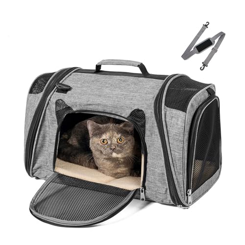 Katzentransportbox Weichkoffer Kabinentauglich Mit Lüftungsgittern Zusammenklappbar Ausbruchsicher Für Katzen bis 16.5Ib Für Auto(Gray with Black) von Generic