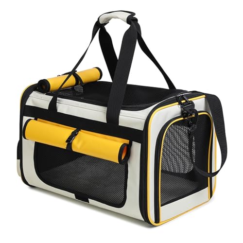 Katzentransportbox Weichkoffer Kabinentauglich Zusammenklappbar Ausbruchsicher Mit Lüftungsgittern Für Katzen bis 18Ib Für Auto(Khaki with Yellow) von Generic