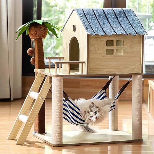 Kratzbaum/Turm für Hauskatzen mit Hängematte, gemütliches Katzenhaus mit Hängekugel und Blattform-Design, Katzenmöbel, Haustierhaus mit Katzenkratzbäumen von Generic